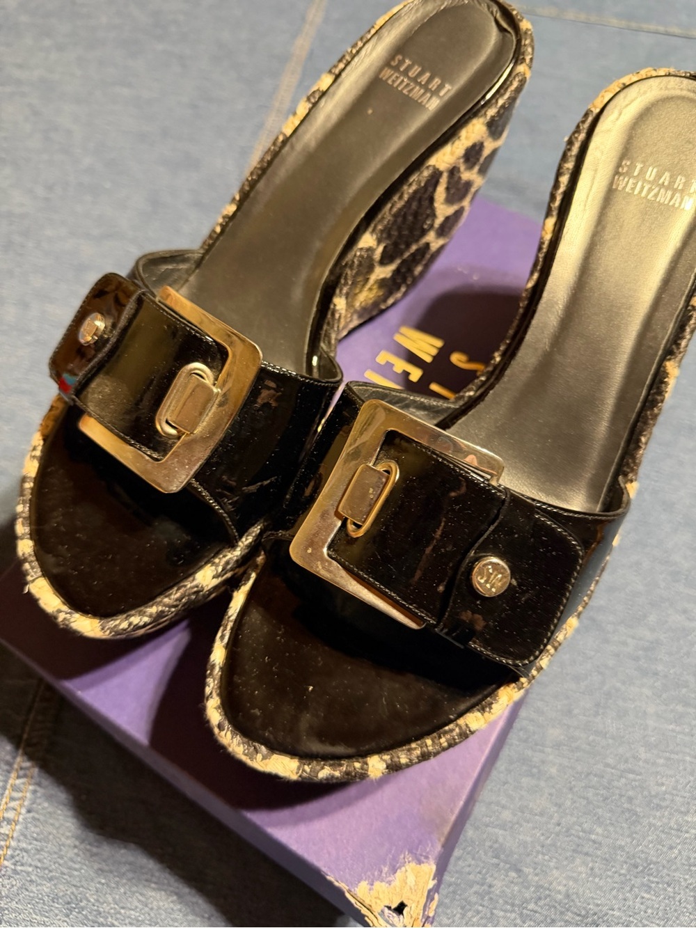 Stuart Weitzman Black Patent Buckle sandals.